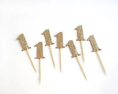 10 Number 1 One Year Old Gold Glitter Cupcake Cake Picks, Baby First Birthday
