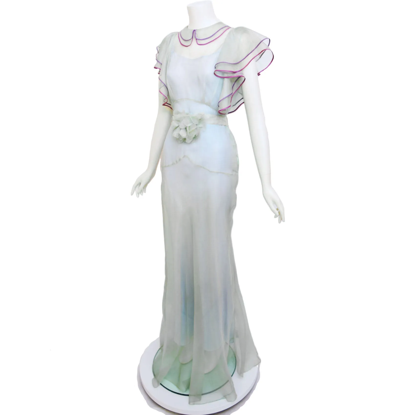 1930s Seafoam Silk Organza Maxi Dress