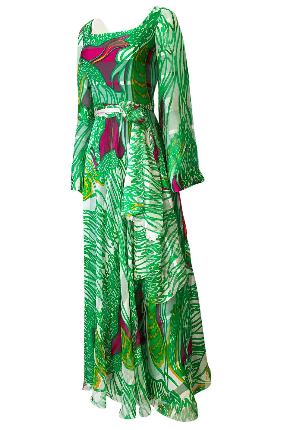 1970s Brilliant Green w Bright Pink Accents Printed Ribbon Silk Chiffon Full Length Maxi Dress