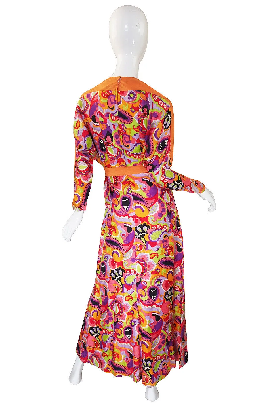 1970s Citrus Silk Print Maxi Dress