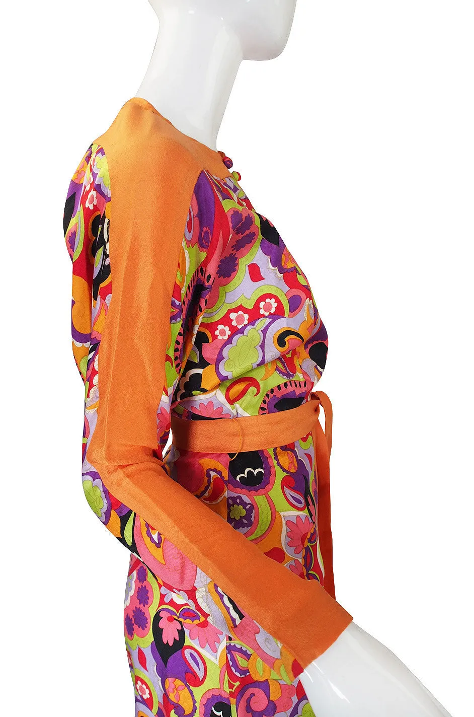 1970s Citrus Silk Print Maxi Dress