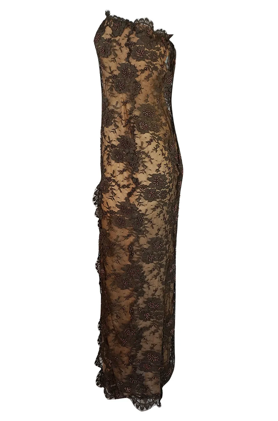 1970s John Anthony Couture Beaded Lace Strapless Dress