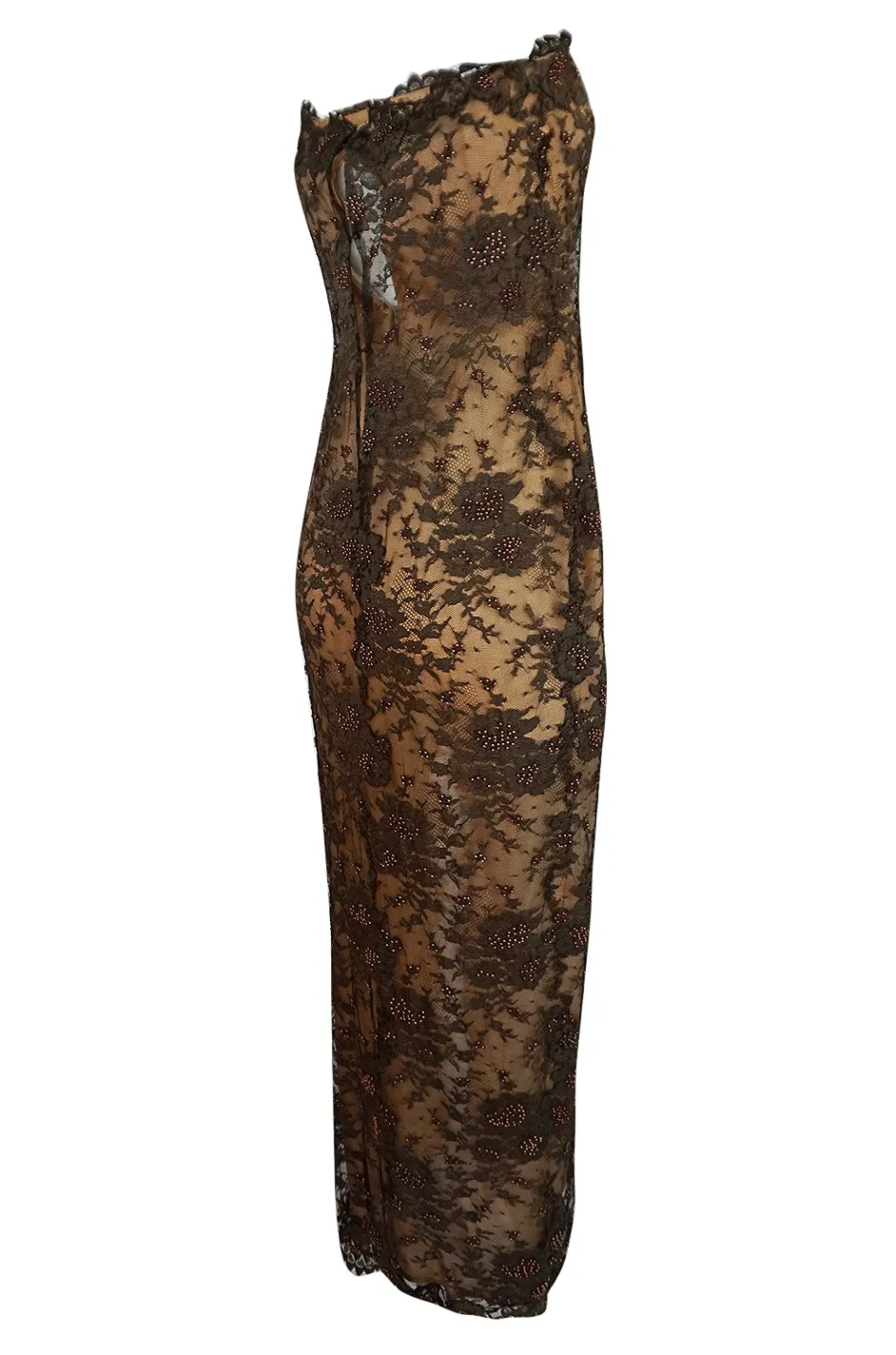 1970s John Anthony Couture Beaded Lace Strapless Dress