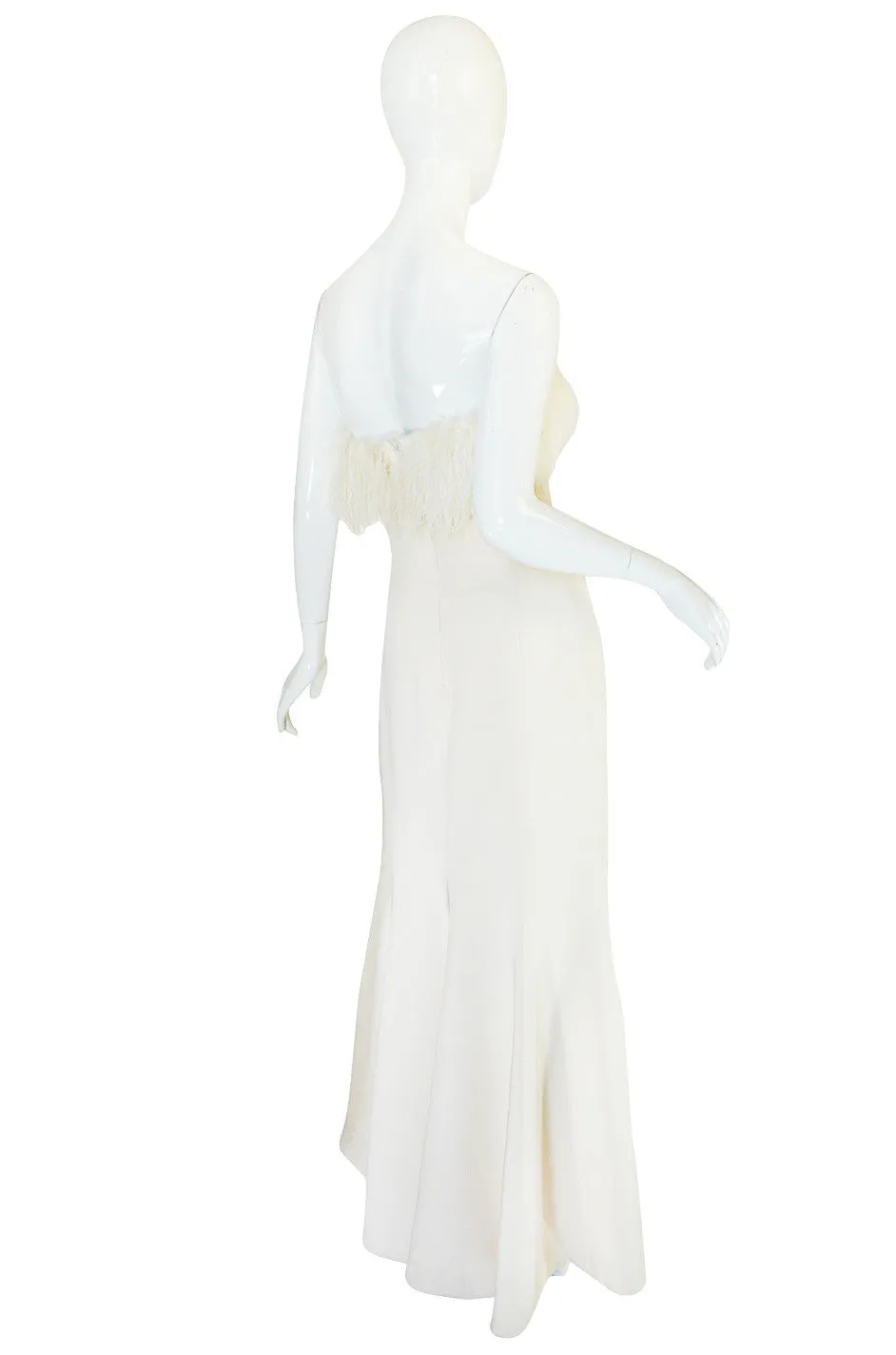 1970s Mongolian Fur Trimmed Cream Silk Travilla Gown