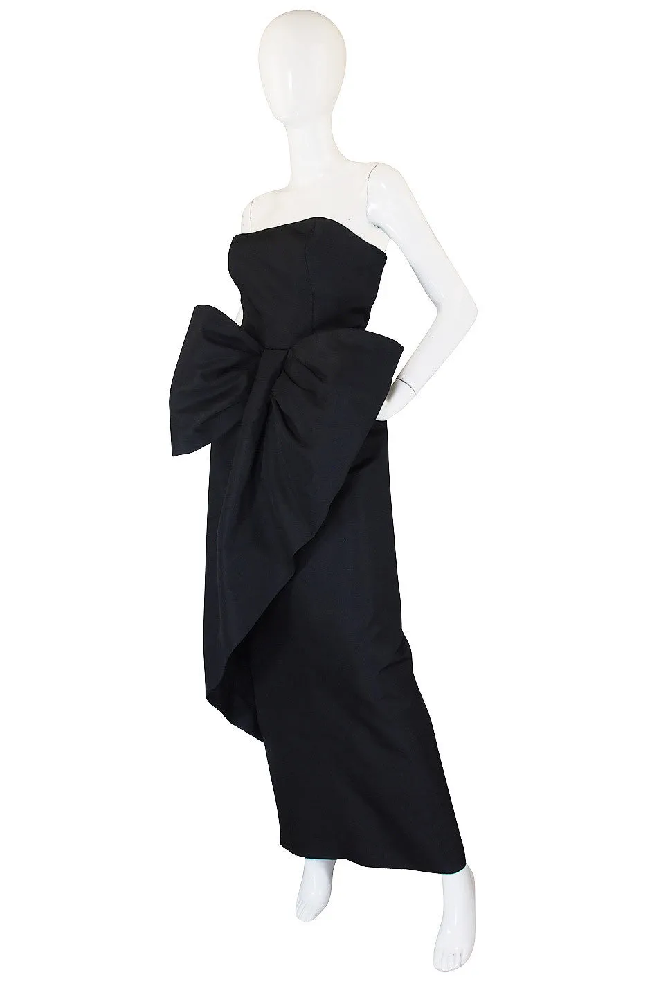 1980s Dramatic Black Strapless Bow Gown