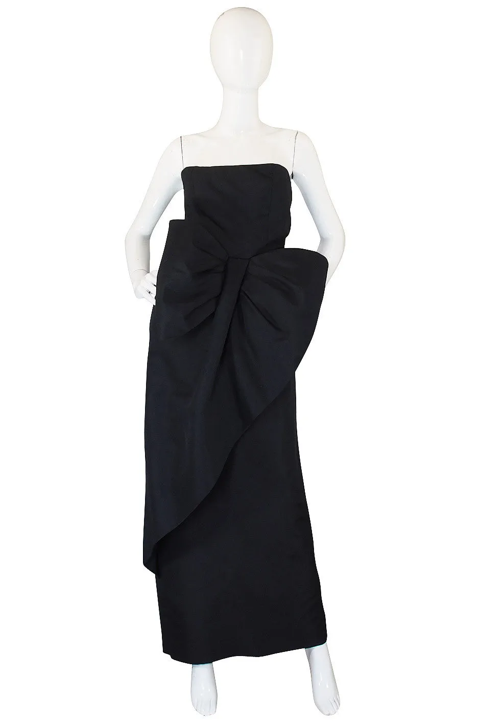1980s Dramatic Black Strapless Bow Gown