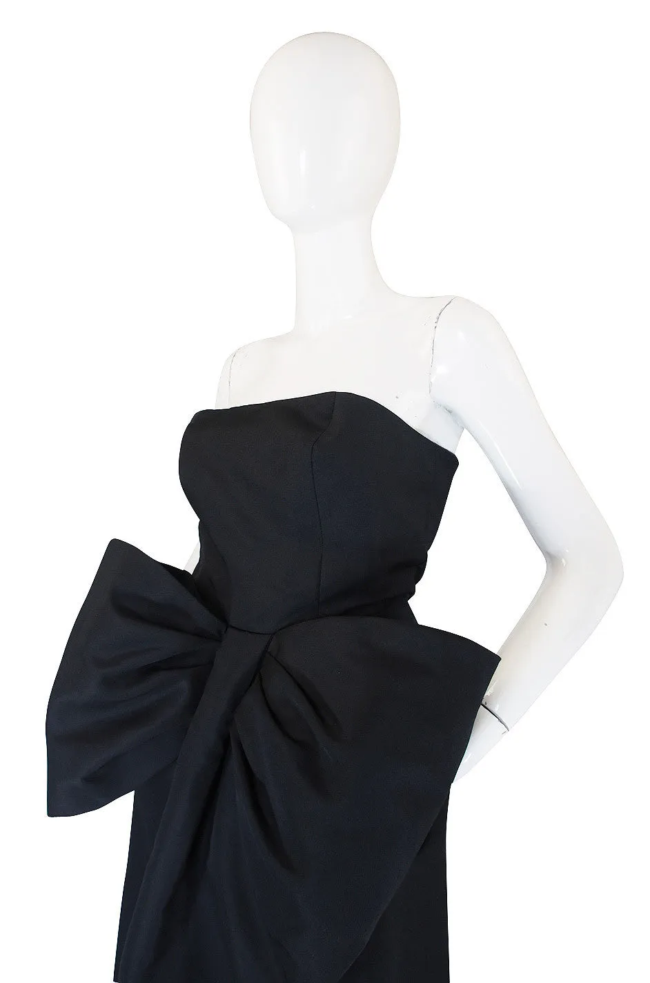 1980s Dramatic Black Strapless Bow Gown