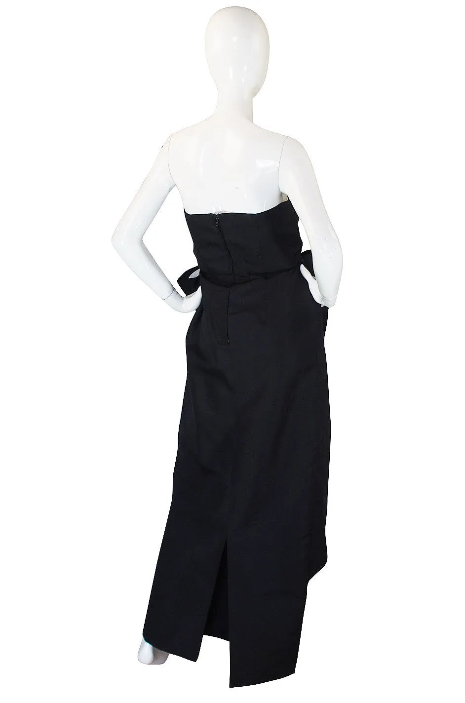 1980s Dramatic Black Strapless Bow Gown