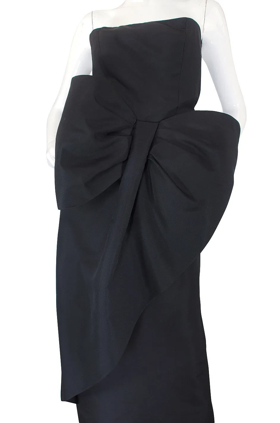1980s Dramatic Black Strapless Bow Gown