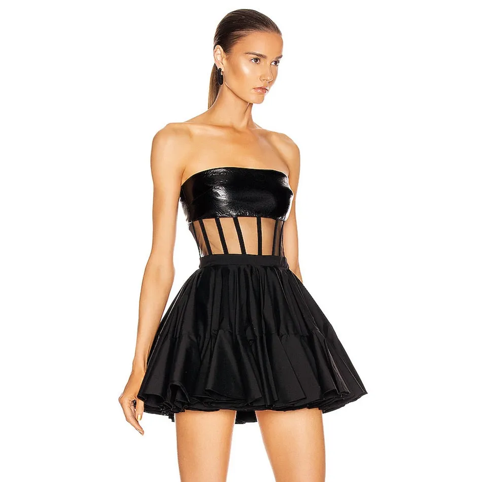 2020 Black Sexy Mesh PU Leather Swing Dress