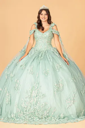 3-D Flower Applique Mesh Quinceanera Ball Gown with Side Mesh Drapes