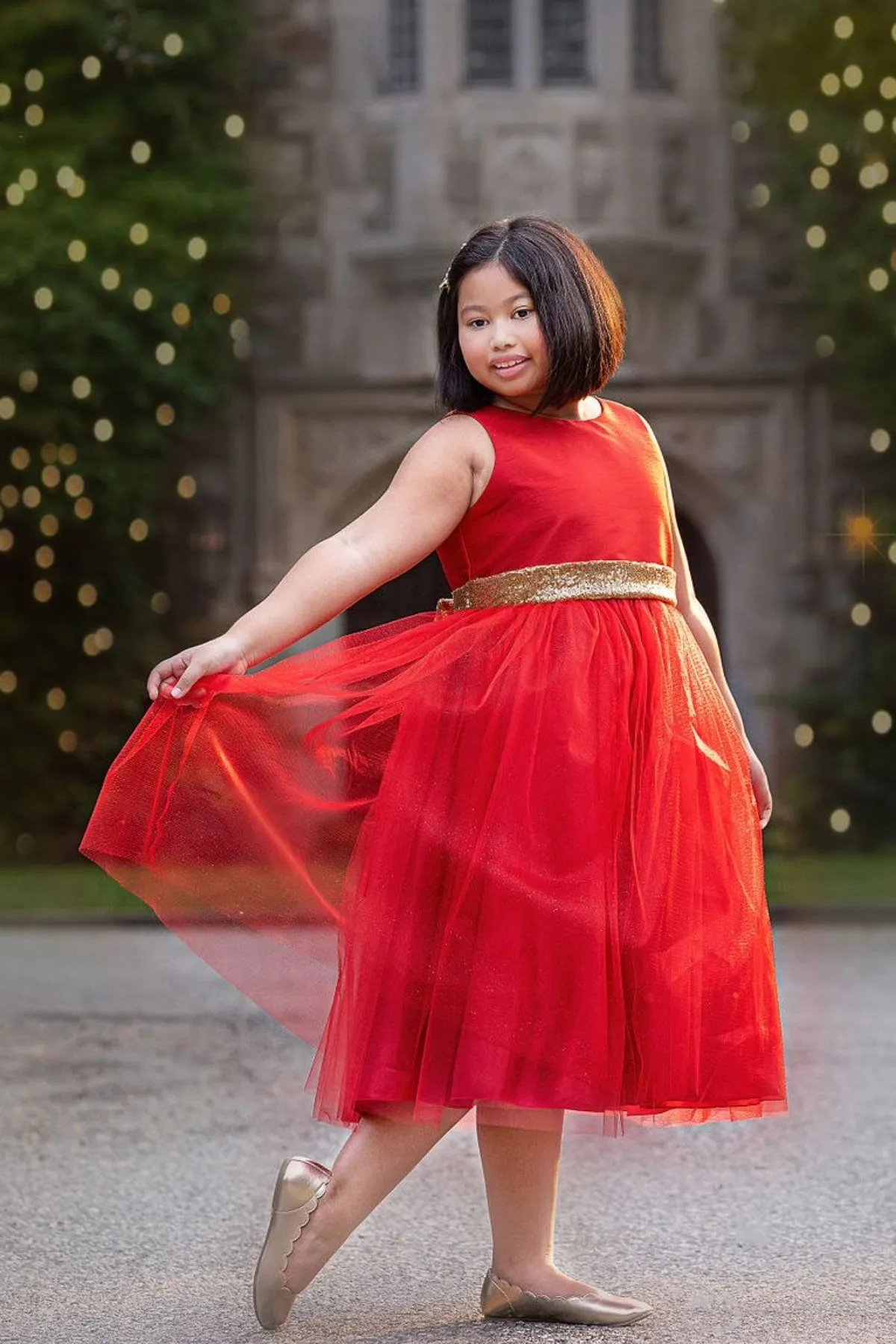 498 Gold Sequins V Back & Bow Girls Dress with Plus Sizes