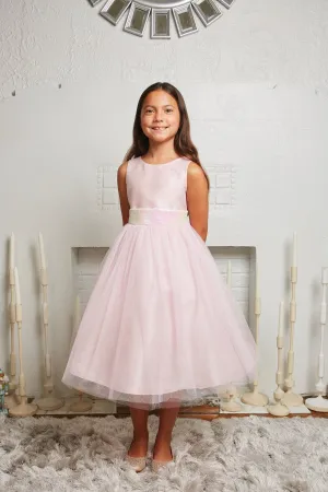 498 Pink/Iridescent Sequins V Back & Bow Girls Dress with Plus Sizes