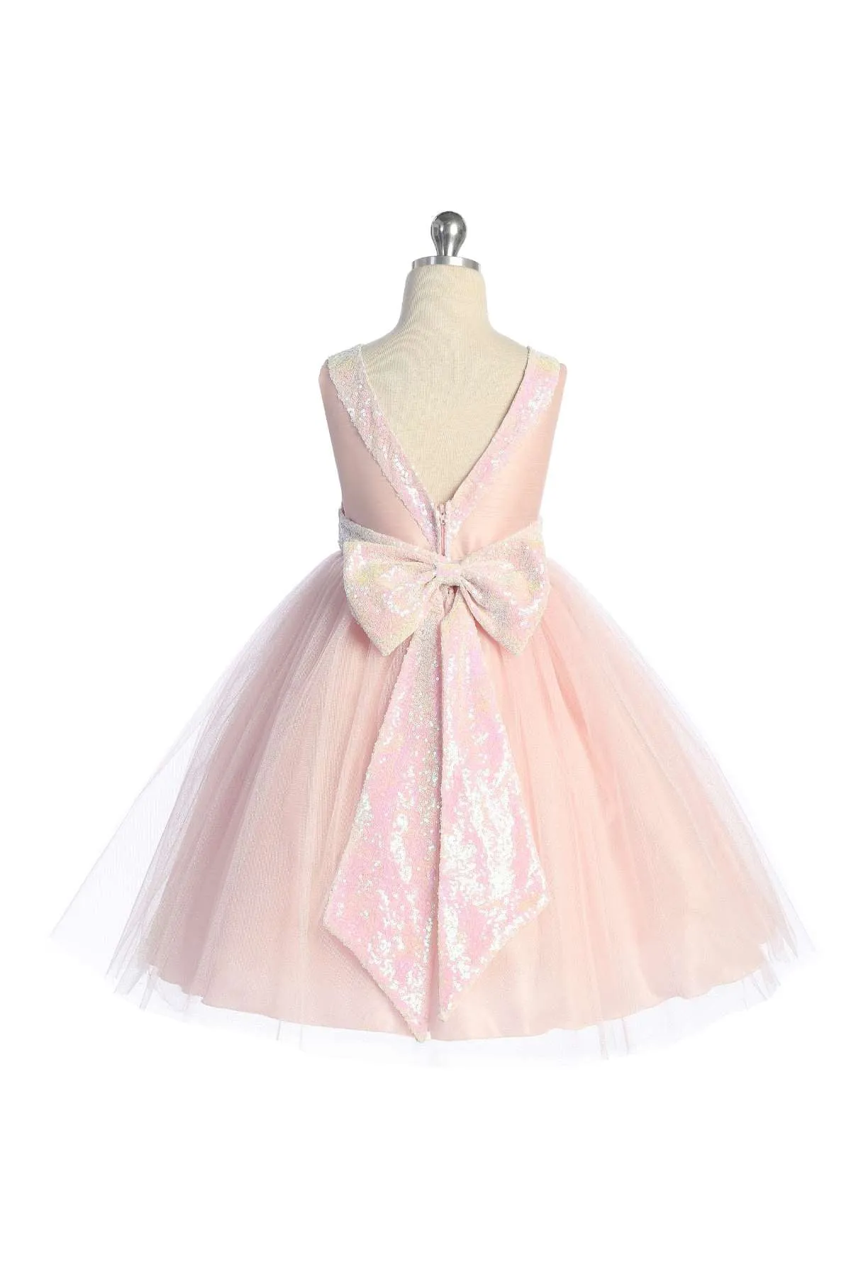 498 Pink/Iridescent Sequins V Back & Bow Girls Dress with Plus Sizes