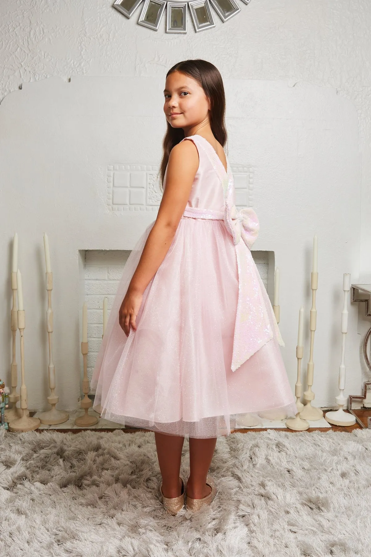 498 Pink/Iridescent Sequins V Back & Bow Girls Dress with Plus Sizes
