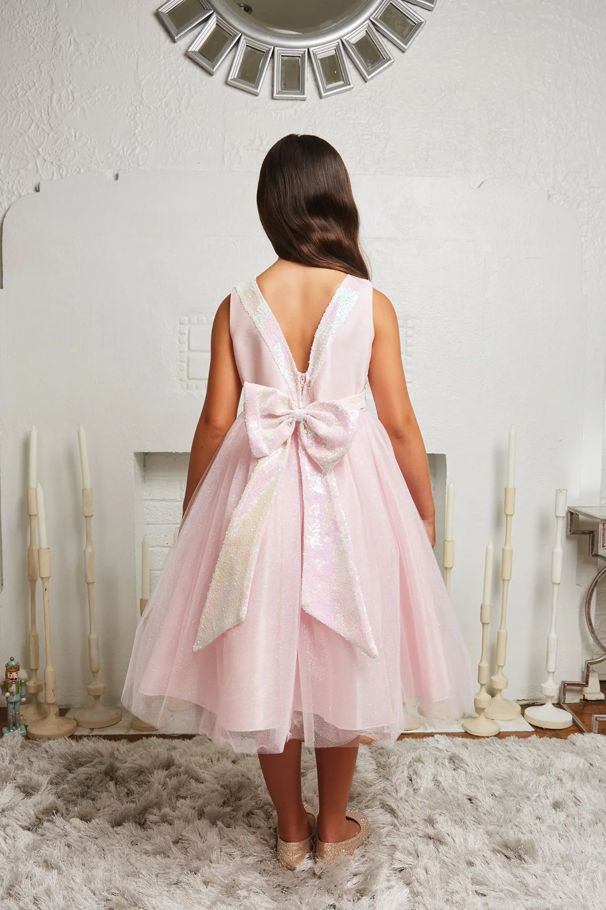 498 Pink/Iridescent Sequins V Back & Bow Girls Dress with Plus Sizes