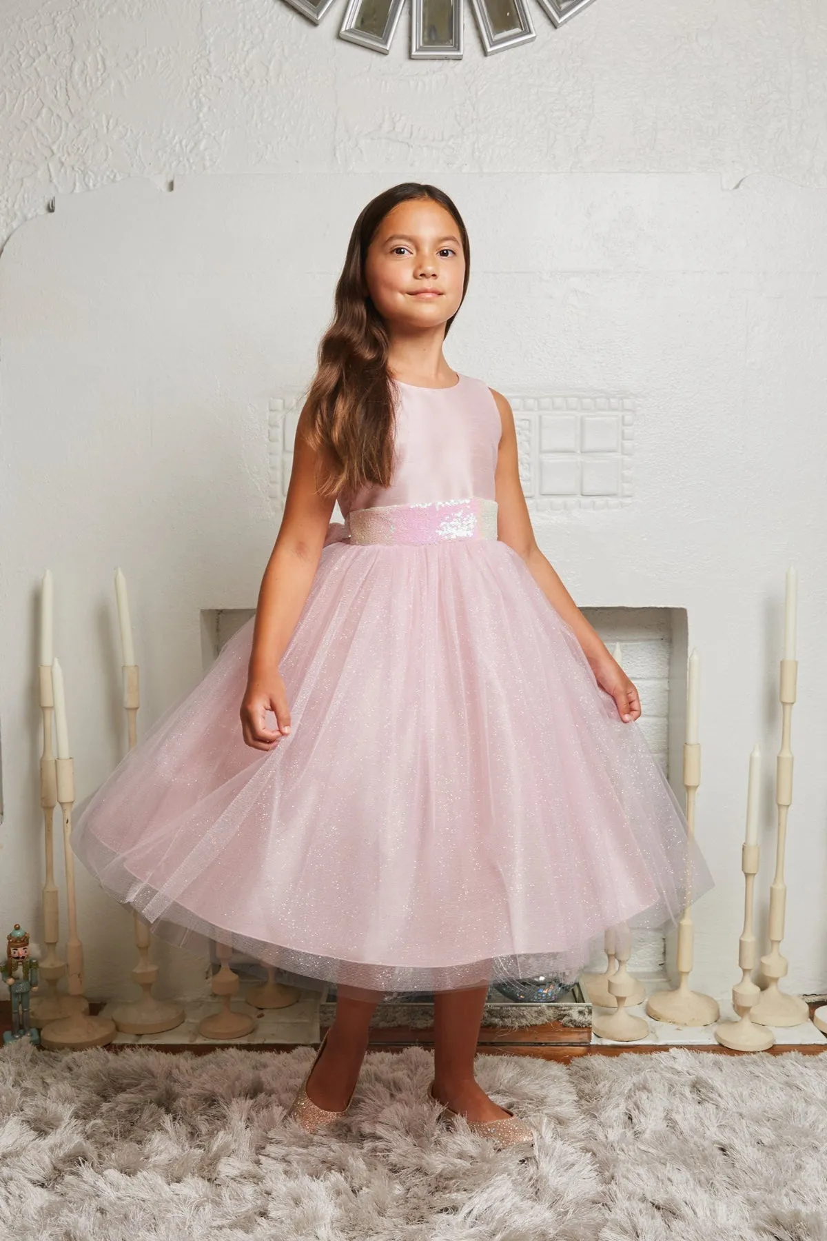 498 Pink/Iridescent Sequins V Back & Bow Girls Dress with Plus Sizes