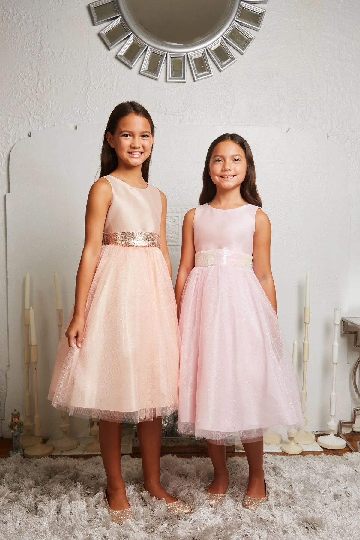 498 Pink/Iridescent Sequins V Back & Bow Girls Dress with Plus Sizes