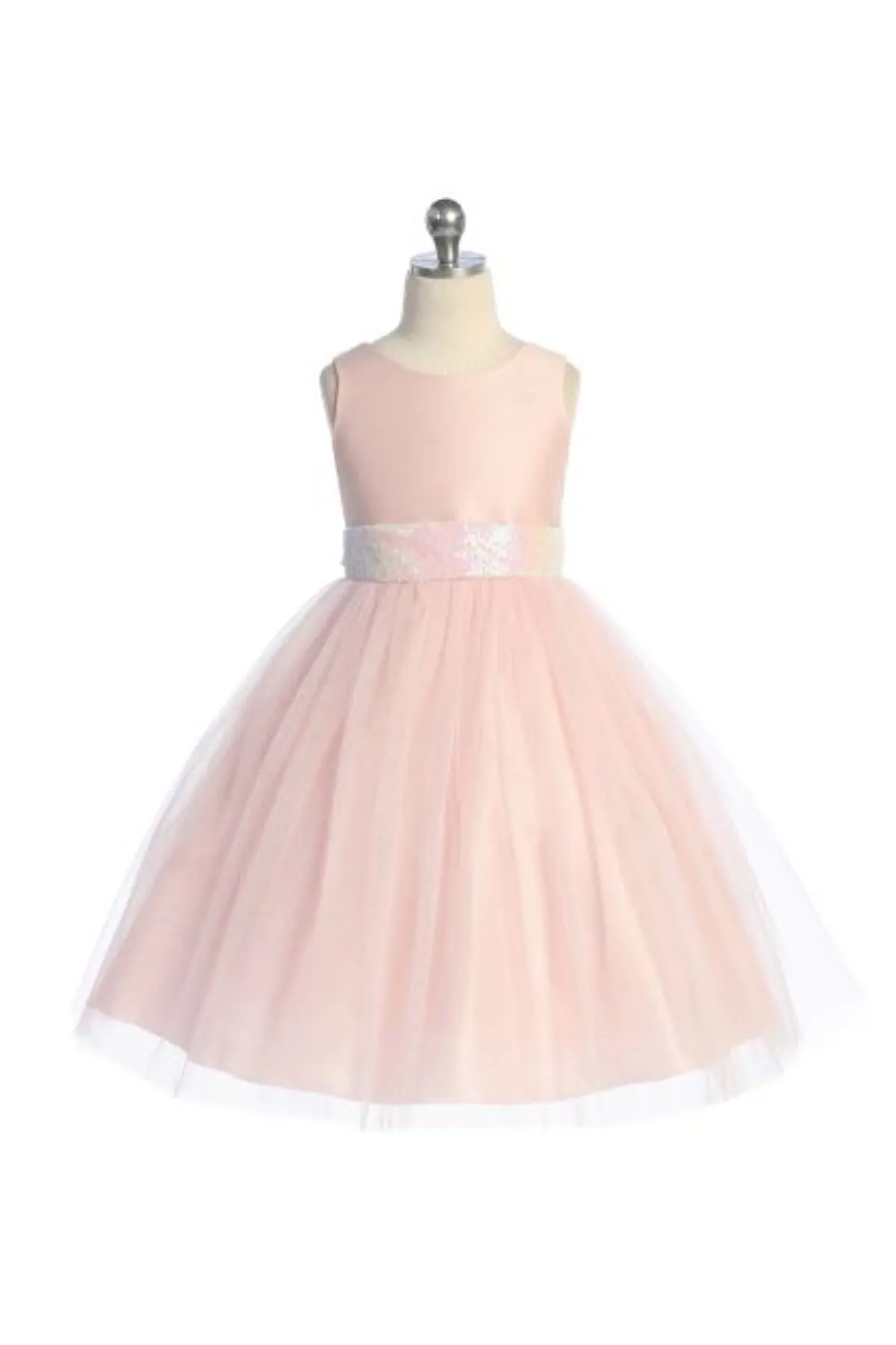 498 Pink/Iridescent Sequins V Back & Bow Girls Dress with Plus Sizes