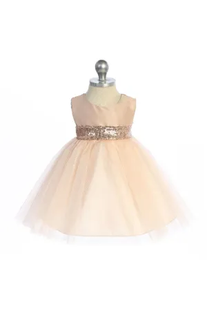 498B Blush/Rose Gold Sequins V Back & Bow Baby Dress