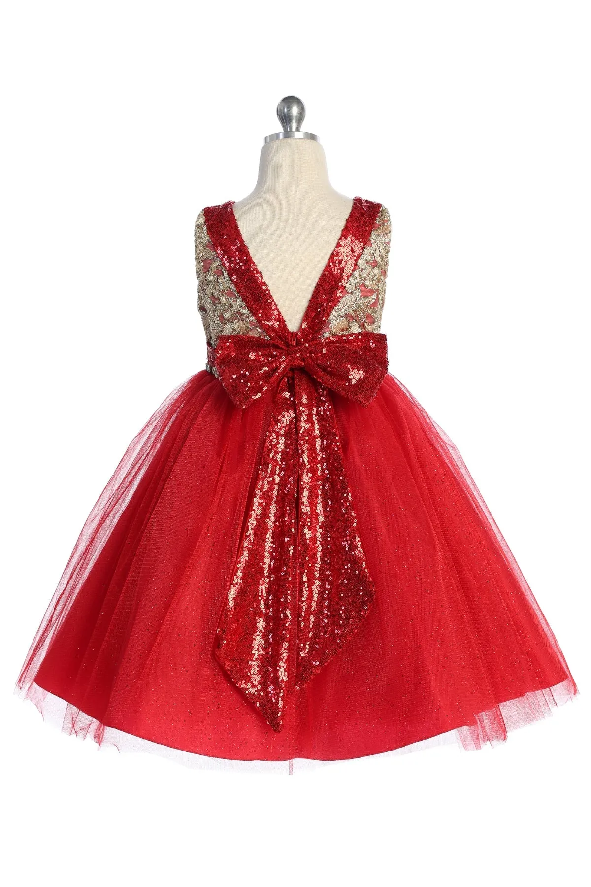 560 Gold Embroidered Lace V Back & Bow Girl Dress with Plus Sizes
