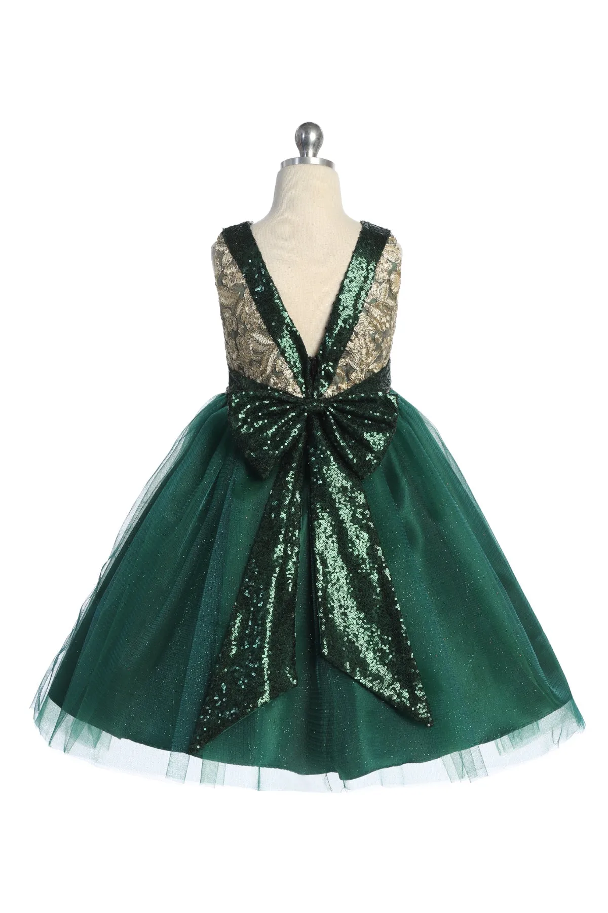 560 Gold Embroidered Lace V Back & Bow Girl Dress with Plus Sizes