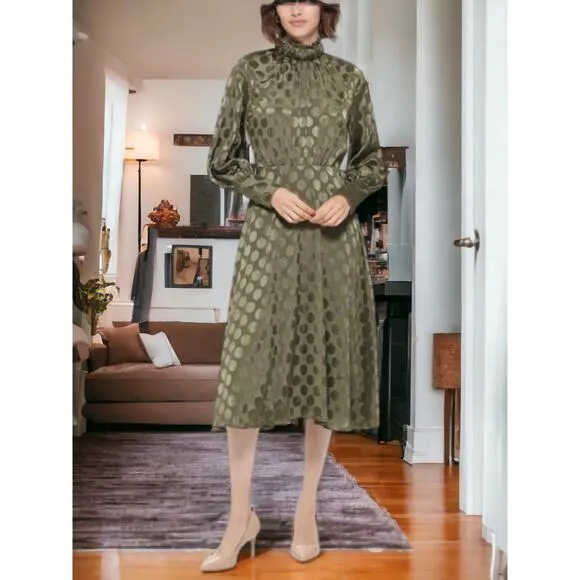 65% OFF NWT Calvin Klein Green Satin Polka Dot Mock Neck Dress Size: 6 MSRP $185