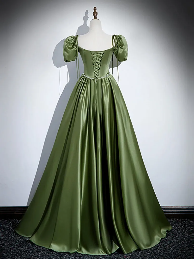 A-Line Green Satin Long Prom Dress, Green Long Formal Dress