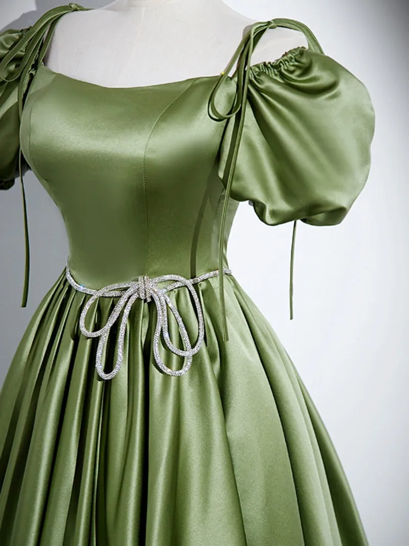 A-Line Green Satin Long Prom Dress, Green Long Formal Dress