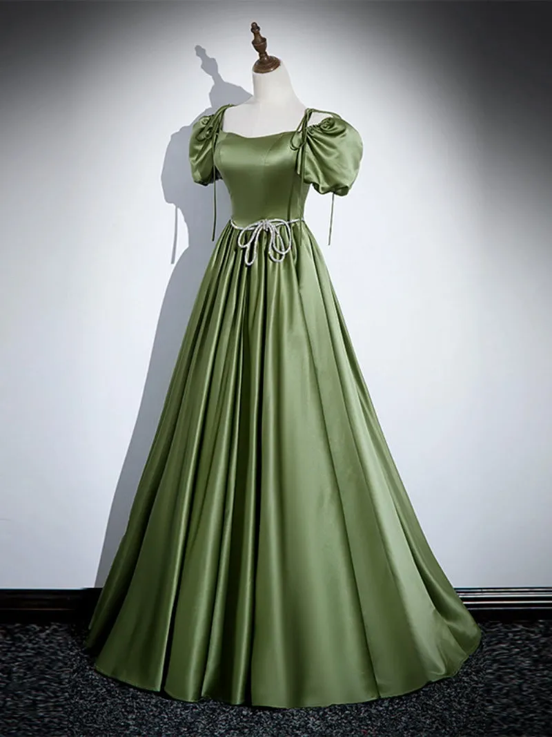 A-Line Green Satin Long Prom Dress, Green Long Formal Dress