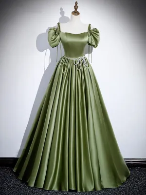 A-Line Green Satin Long Prom Dress, Green Long Formal Dress