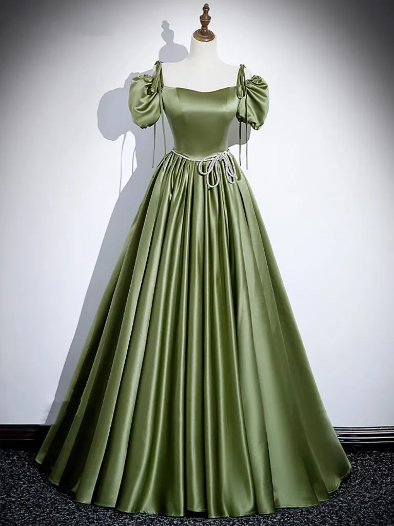 A-Line Green Satin Long Prom Dress, Green Long Formal Dress