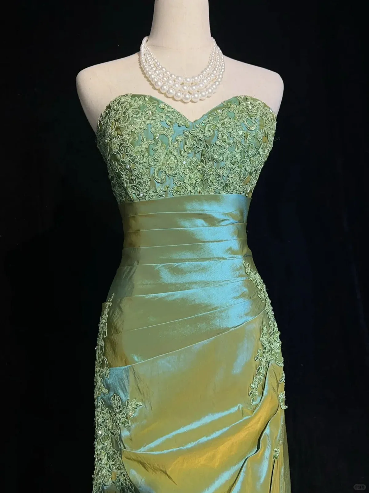 A-line Green Satin with Lace Applique Prom Dress, Green Floor Length Party Dress