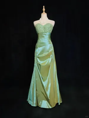 A-line Green Satin with Lace Applique Prom Dress, Green Floor Length Party Dress