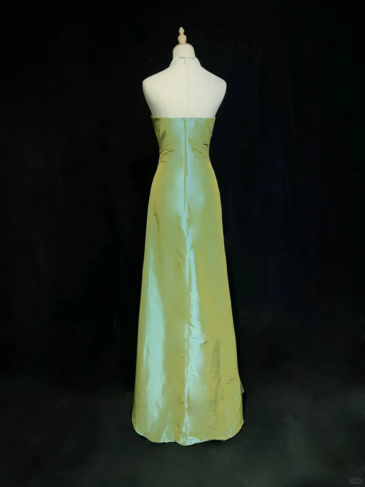 A-line Green Satin with Lace Applique Prom Dress, Green Floor Length Party Dress
