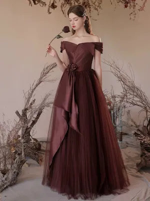 A-Line Off Shoulder Tulle Satin Burgundy Long Prom Dress, Burgundy Long Formal Dress