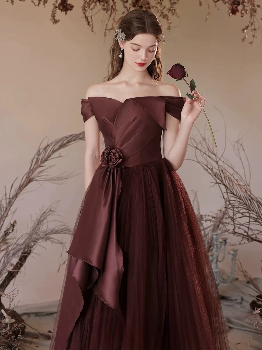 A-Line Off Shoulder Tulle Satin Burgundy Long Prom Dress, Burgundy Long Formal Dress