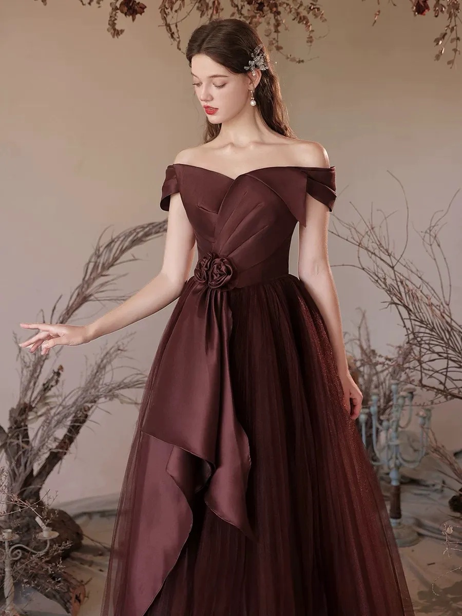 A-Line Off Shoulder Tulle Satin Burgundy Long Prom Dress, Burgundy Long Formal Dress