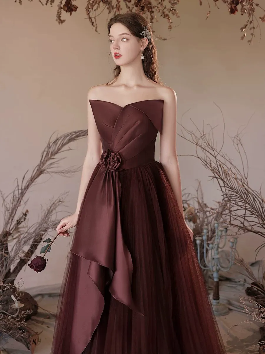 A-Line Off Shoulder Tulle Satin Burgundy Long Prom Dress, Burgundy Long Formal Dress