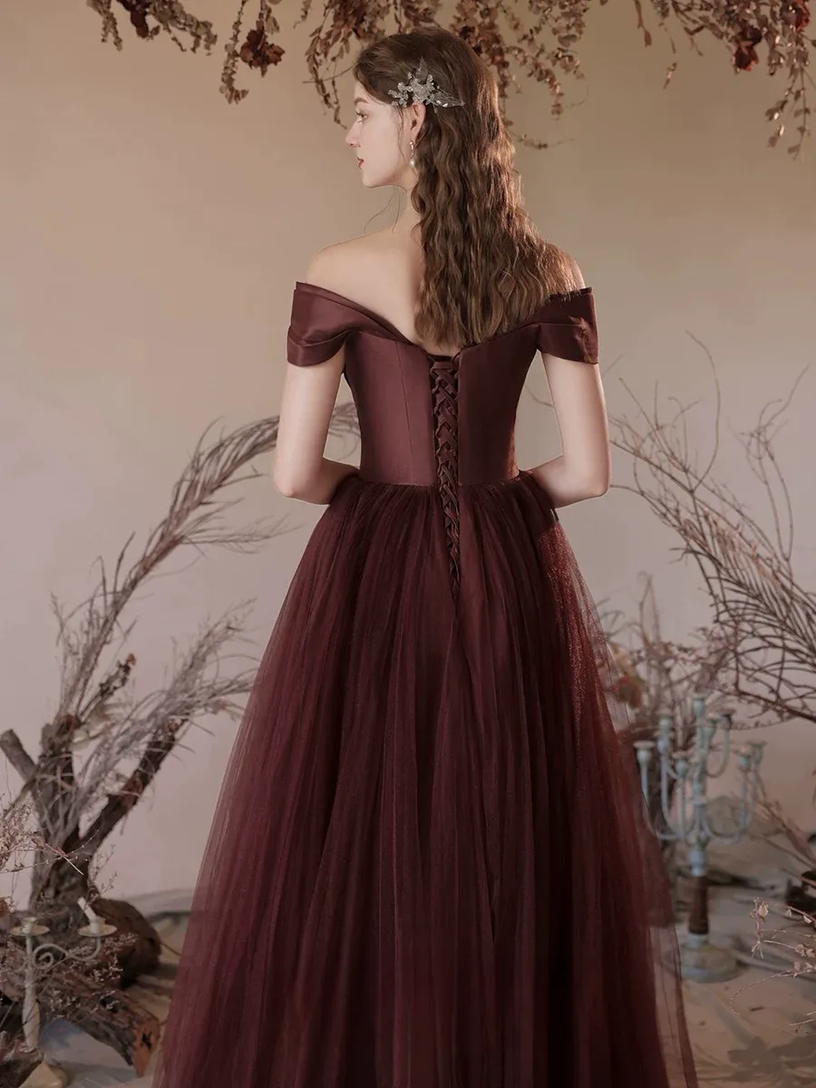 A-Line Off Shoulder Tulle Satin Burgundy Long Prom Dress, Burgundy Long Formal Dress