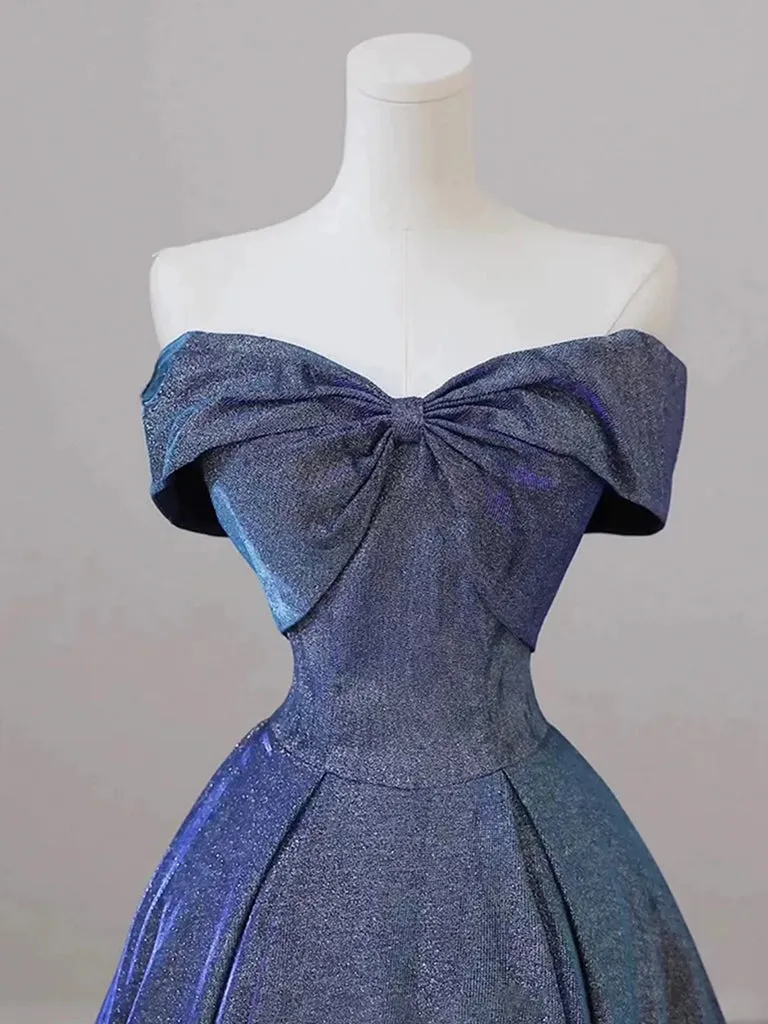 A-Line Satin Blue Long Prom Dress, Blue Long Formal Dress