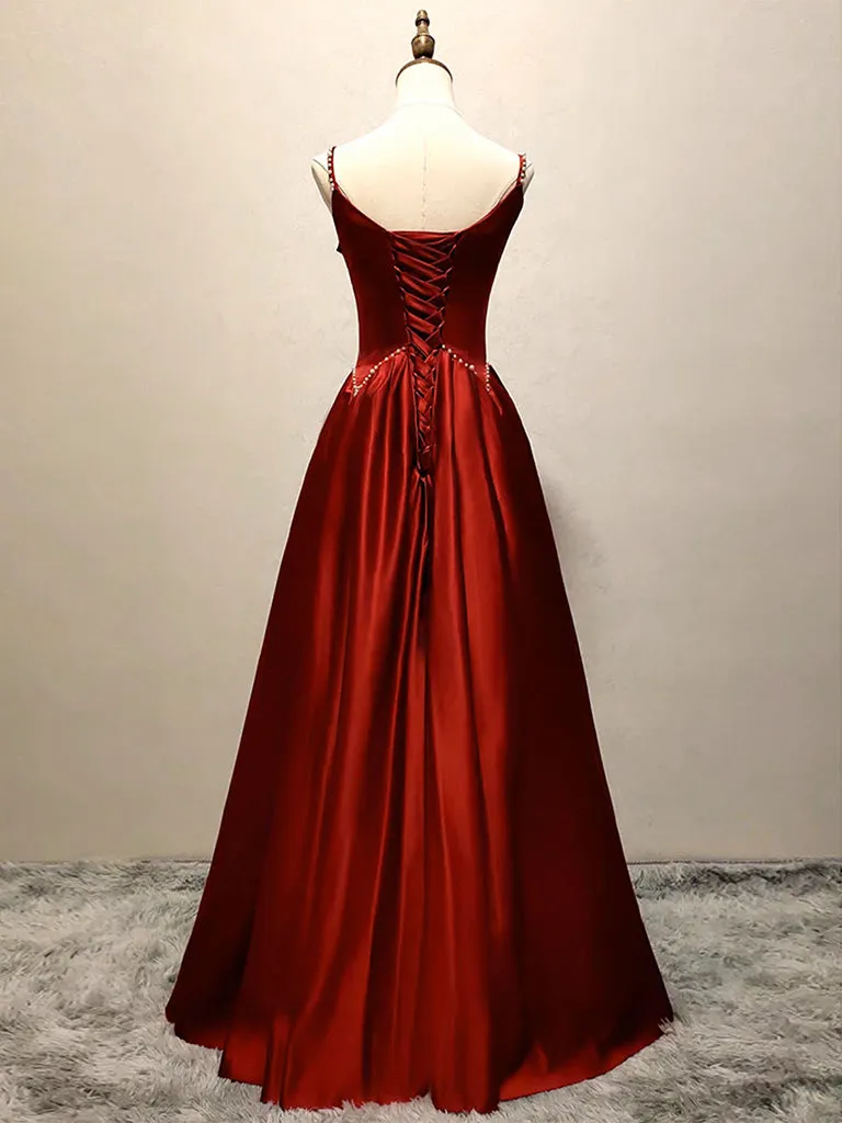A-Line Satin Burgundy Satin Long Prom Dress, Burgundy Long Evening Dress