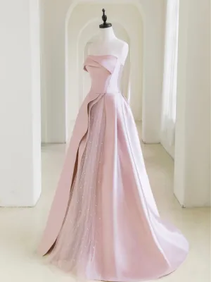A-Line Satin Tulle Pink Long Prom Dress, Pink Long Evening Dress