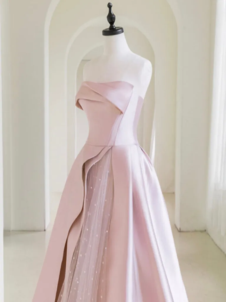A-Line Satin Tulle Pink Long Prom Dress, Pink Long Evening Dress