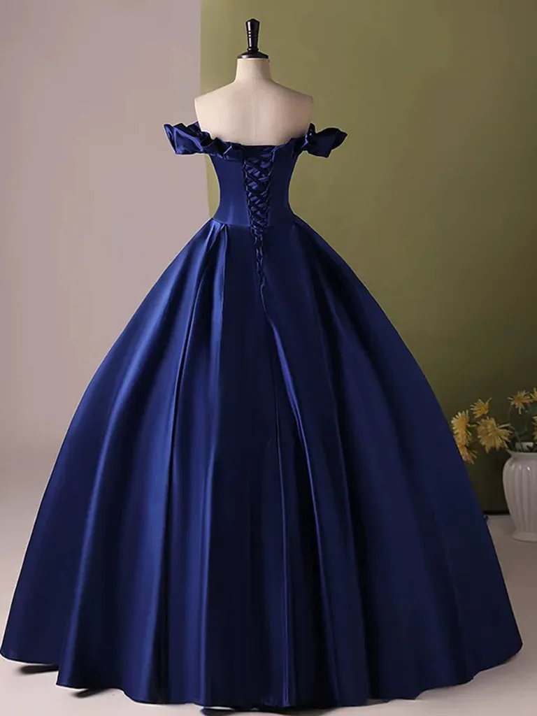 A-Line Sweetheart Neck Satin Blue Long Prom Dress, Blue Long Formal Dress