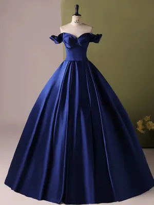 A-Line Sweetheart Neck Satin Blue Long Prom Dress, Blue Long Formal Dress