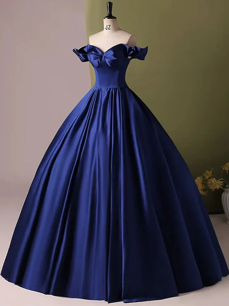 A-Line Sweetheart Neck Satin Blue Long Prom Dress, Blue Long Formal Dress