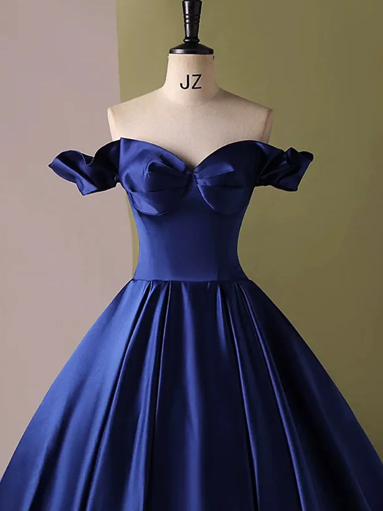 A-Line Sweetheart Neck Satin Blue Long Prom Dress, Blue Long Formal Dress