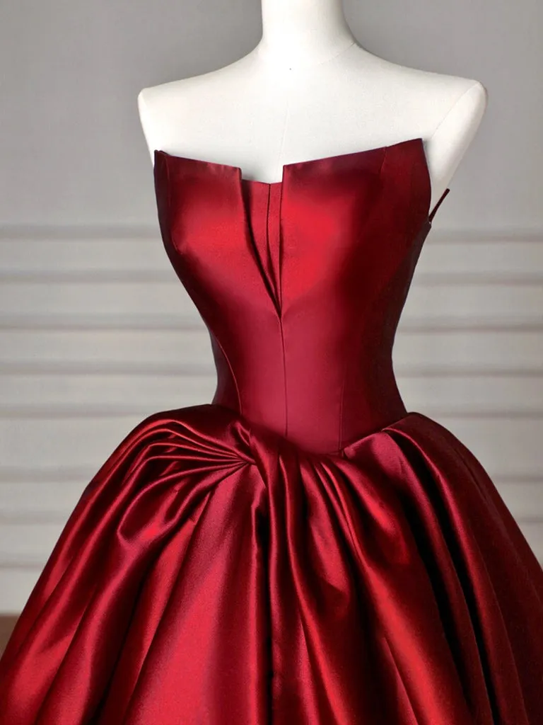 A-line V Neck Satin Burgundy Long Prom Dress, Burgundy Long Formal Dress