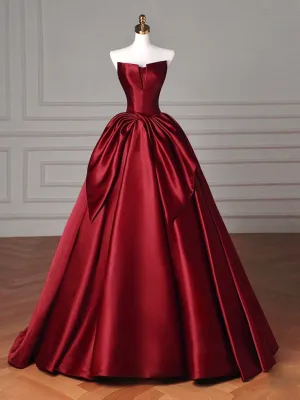 A-line V Neck Satin Burgundy Long Prom Dress, Burgundy Long Formal Dress